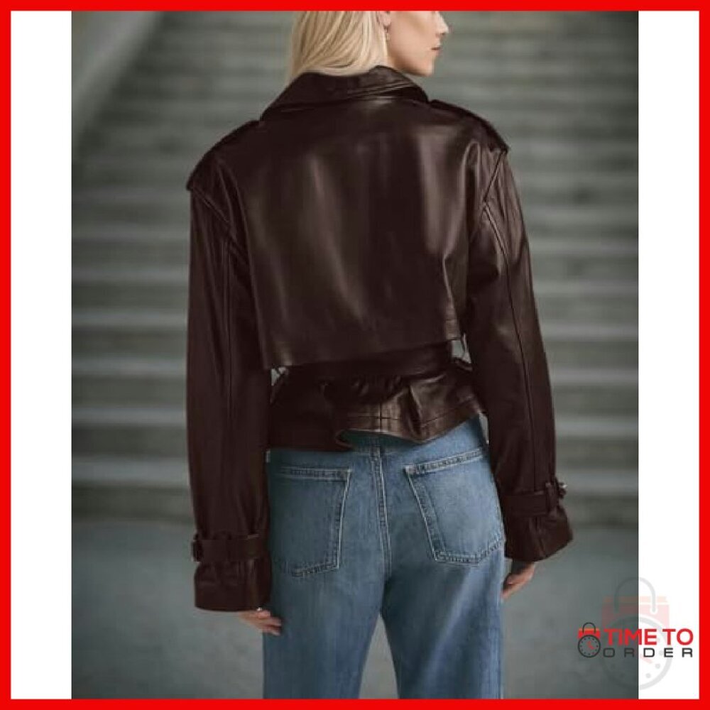 Faux Leather Belted Trench Coat Moto Jacket Women's Size Small - Picture 3 of 7